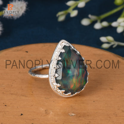 Aurora Opal Red Green Beautiful 925 Silver Pear Ring