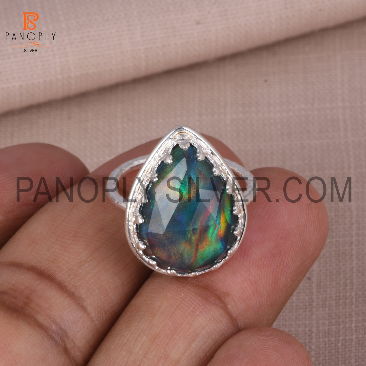 Aurora Opal Red Green Beautiful 925 Silver Pear Ring