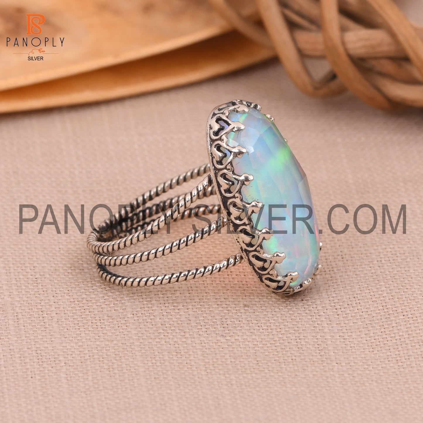 Triple Twist Band Aurora Opal White Gemstone Rings