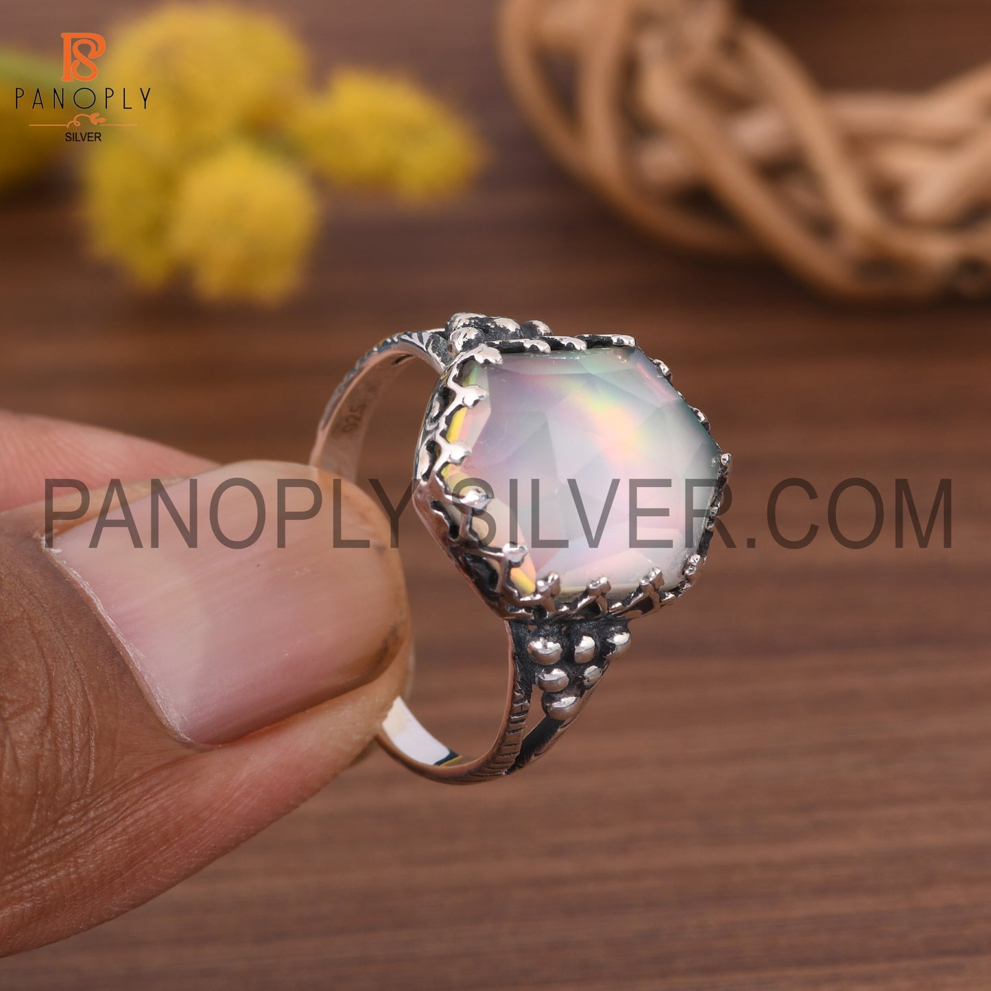 Split Band Aurora Opal White Gemstone Ring For Female