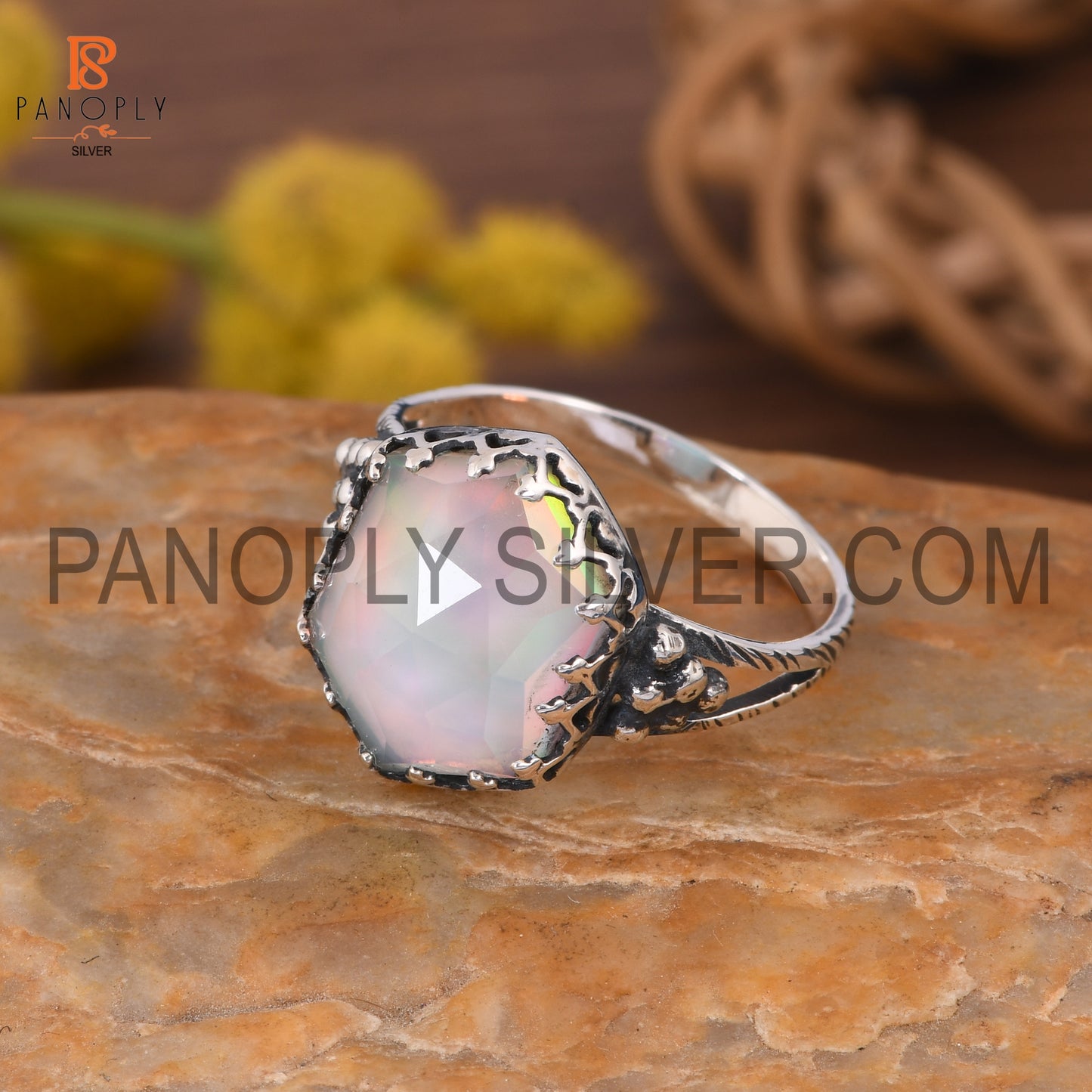 Split Band Aurora Opal White Gemstone Ring For Female