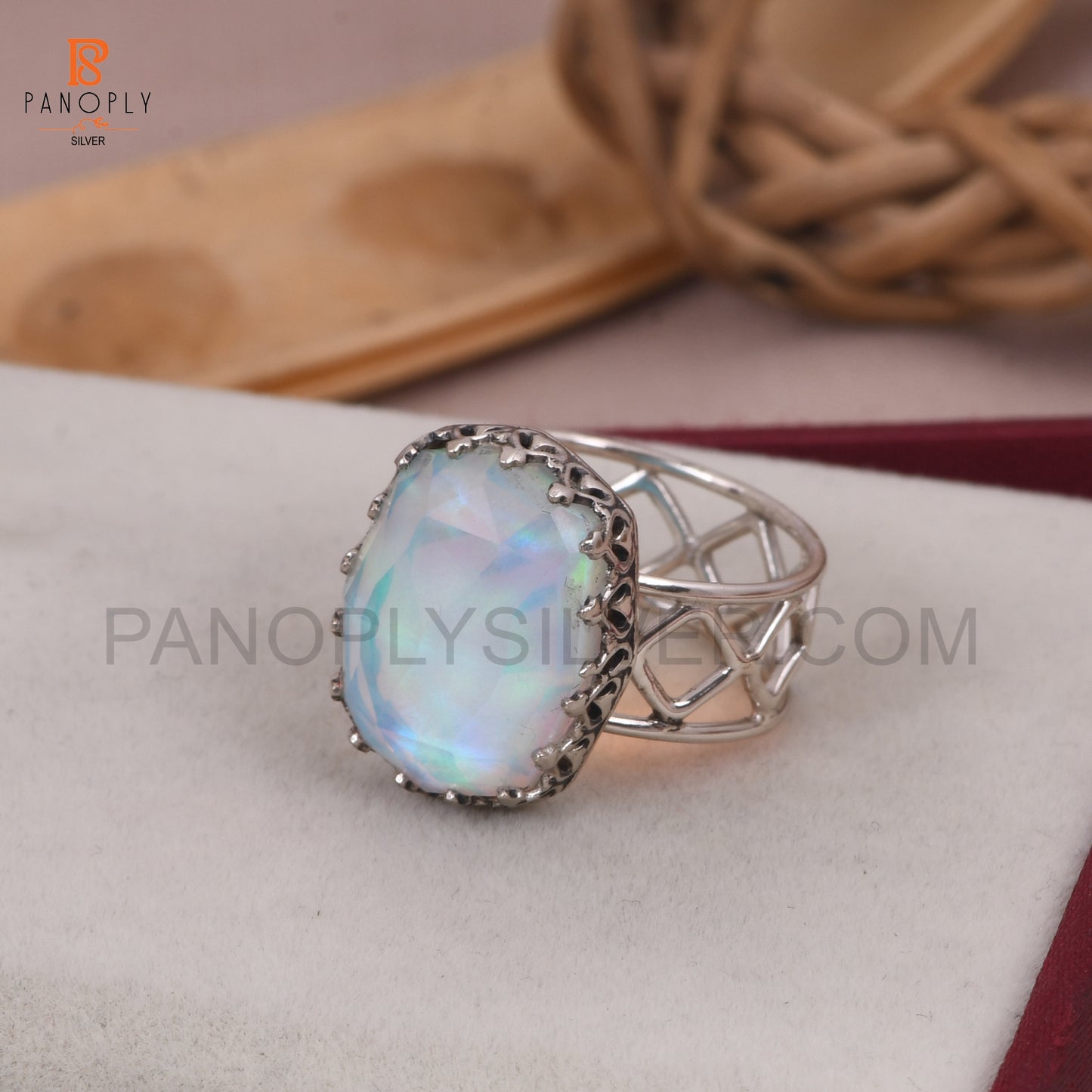 925 Silver Aurora Opal White Doublet Gems Ring