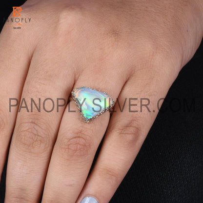 925 Silver Aurora Opal White Doublet Gems Triangle Fancy Rings