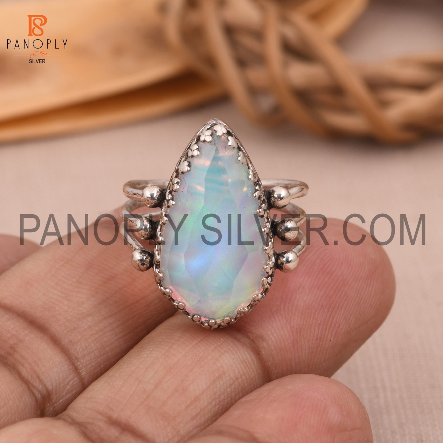 Triple Band 925 Silver Aurora Opal White Doublet Gems Rings