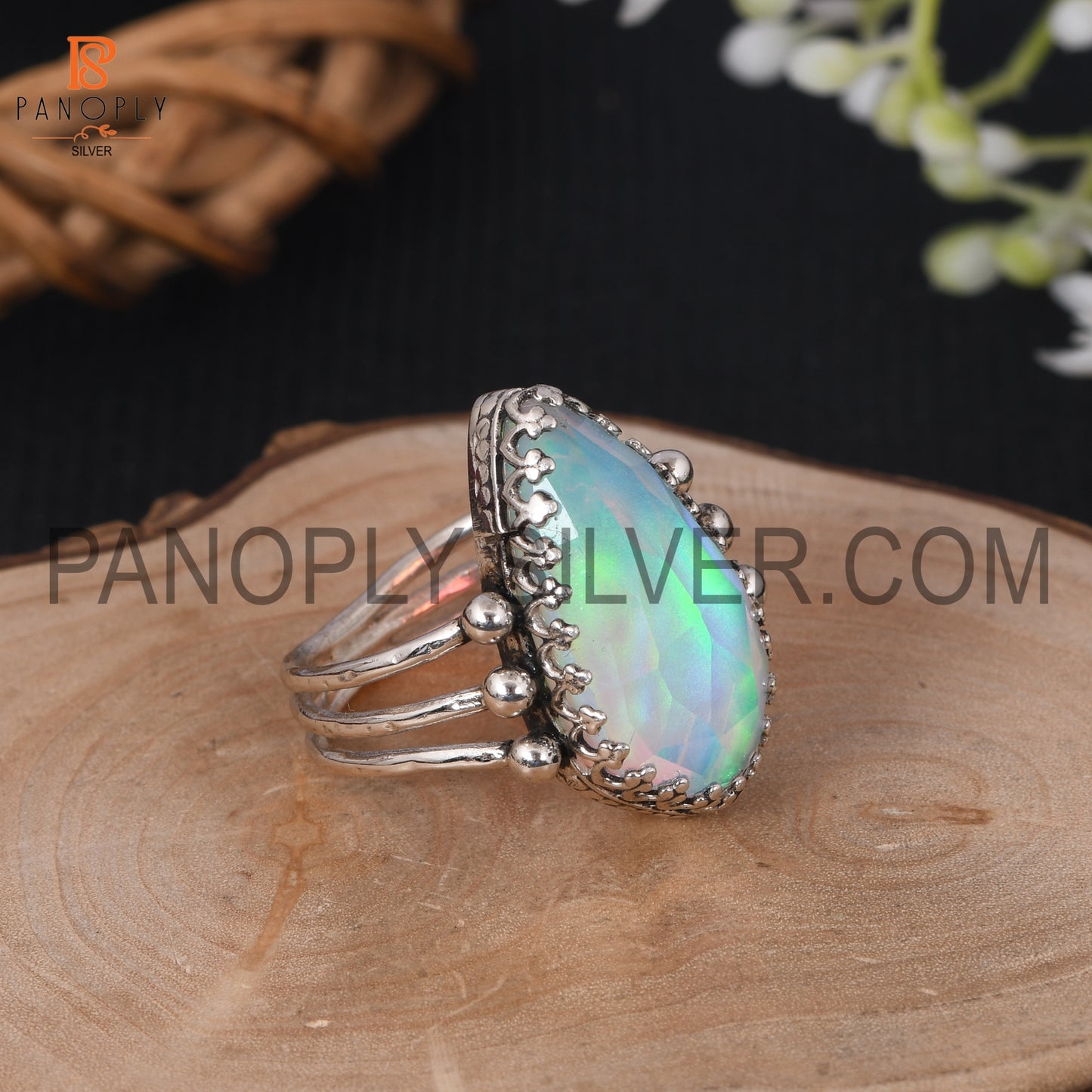 Triple Band 925 Silver Aurora Opal White Doublet Gems Rings