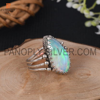 Triple Band 925 Silver Aurora Opal White Doublet Gems Rings