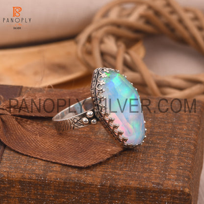 Textured Dome Band 925 Silver Aurora Opal White Doublet Gem Rings