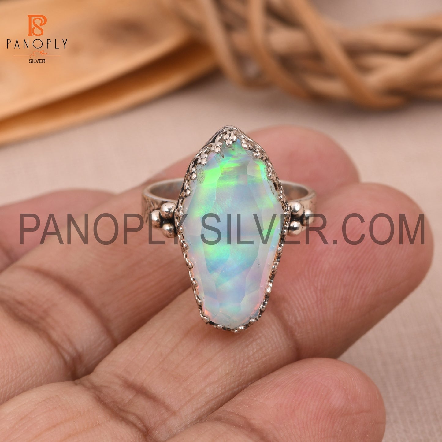 Textured Dome Band 925 Silver Aurora Opal White Doublet Gem Rings