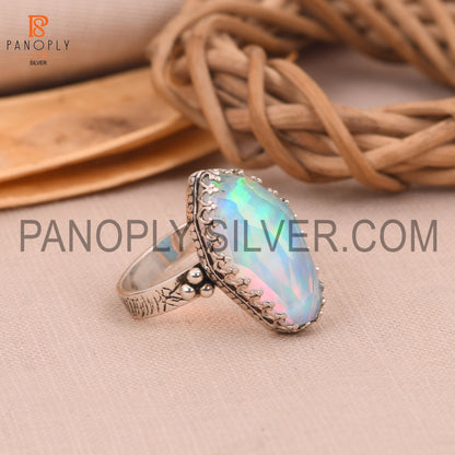 Textured Dome Band 925 Silver Aurora Opal White Doublet Gem Rings