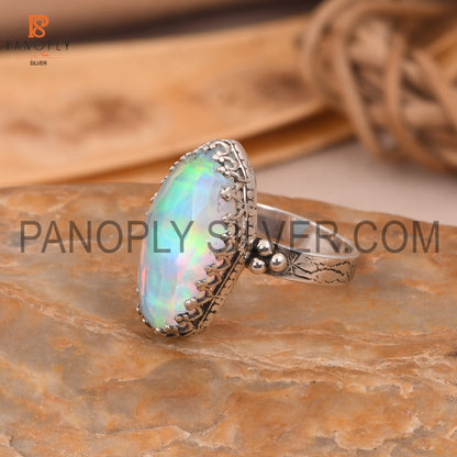 Textured Dome Band 925 Silver Aurora Opal White Doublet Gem Rings