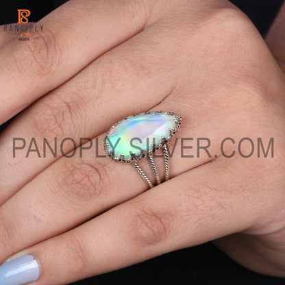 Rope Three Band 925 Silver Aurora Opal White Doublet Gem Rings