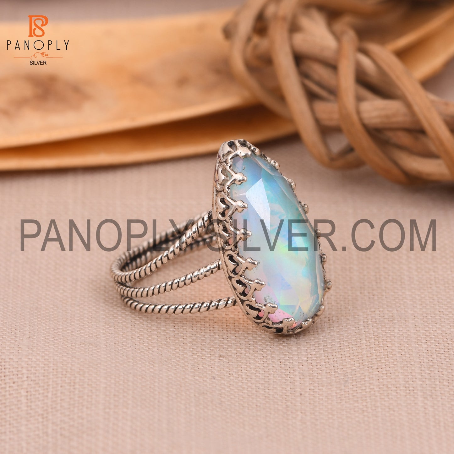 Rope Three Band 925 Silver Aurora Opal White Doublet Gem Rings