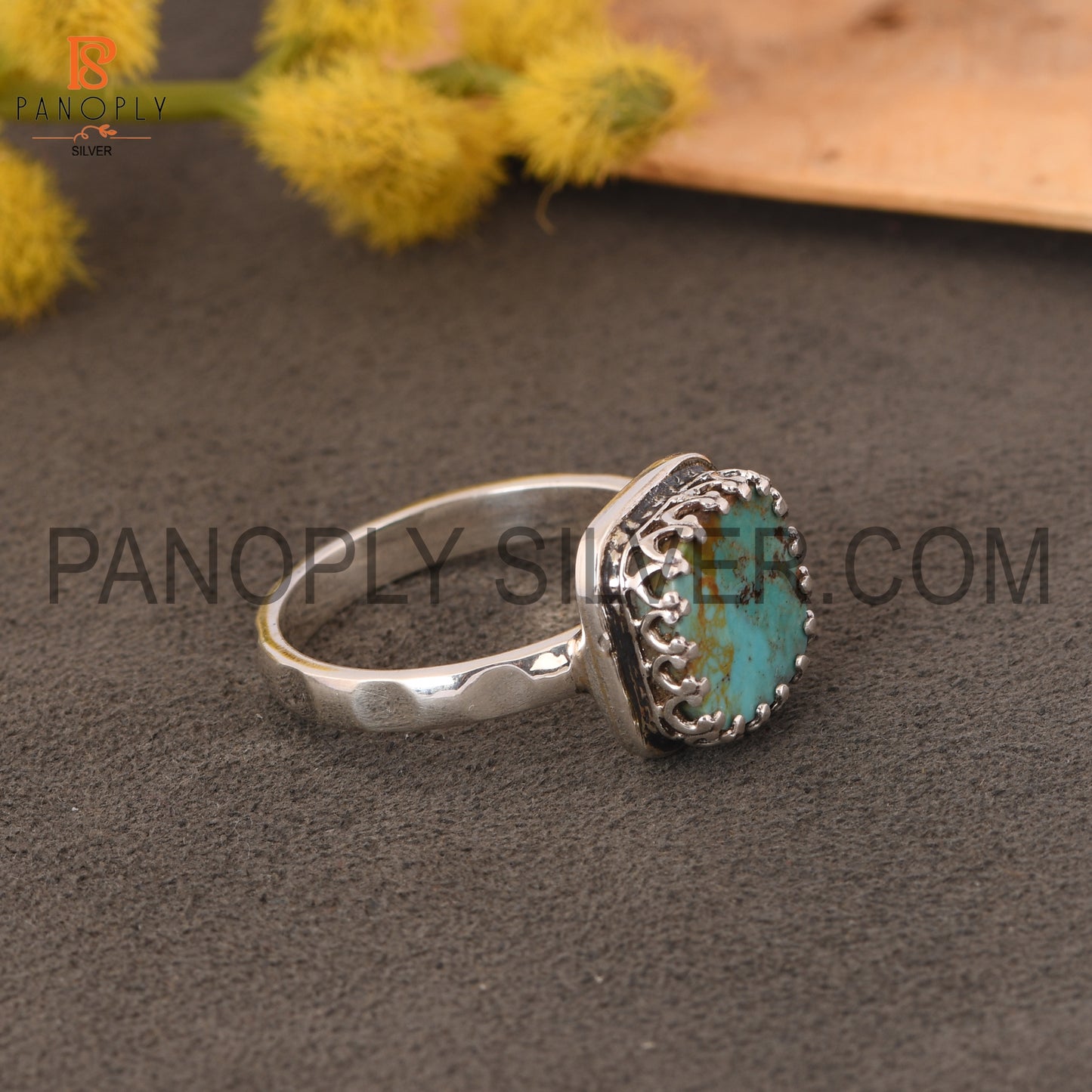 Hammered Band Kingman Turquoise Cushion Shape 925 Quality Silver Rings