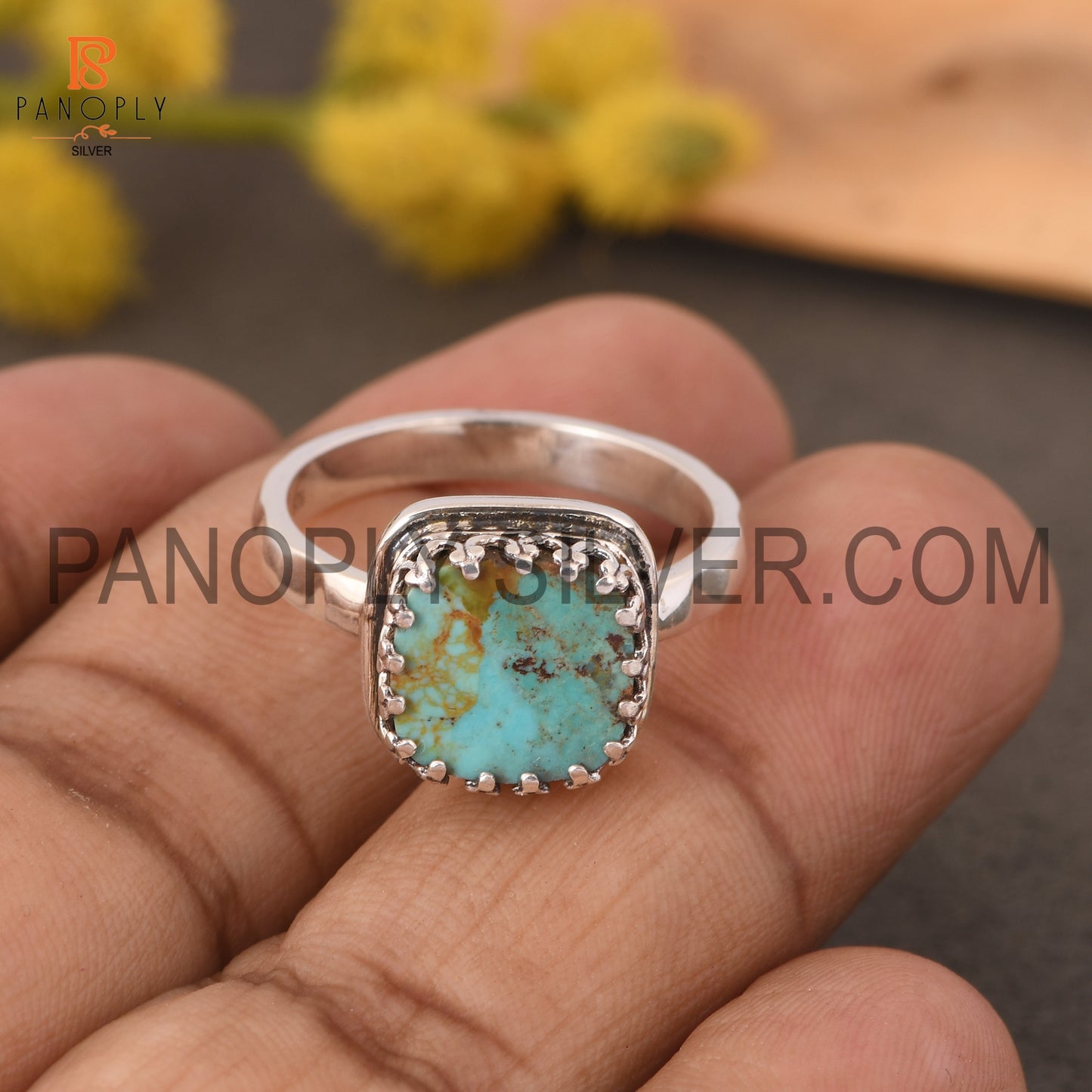 Hammered Band Kingman Turquoise Cushion Shape 925 Quality Silver Rings