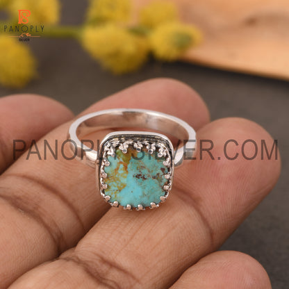 Hammered Band Kingman Turquoise Cushion Shape 925 Quality Silver Rings