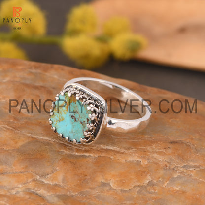 Hammered Band Kingman Turquoise Cushion Shape 925 Quality Silver Rings