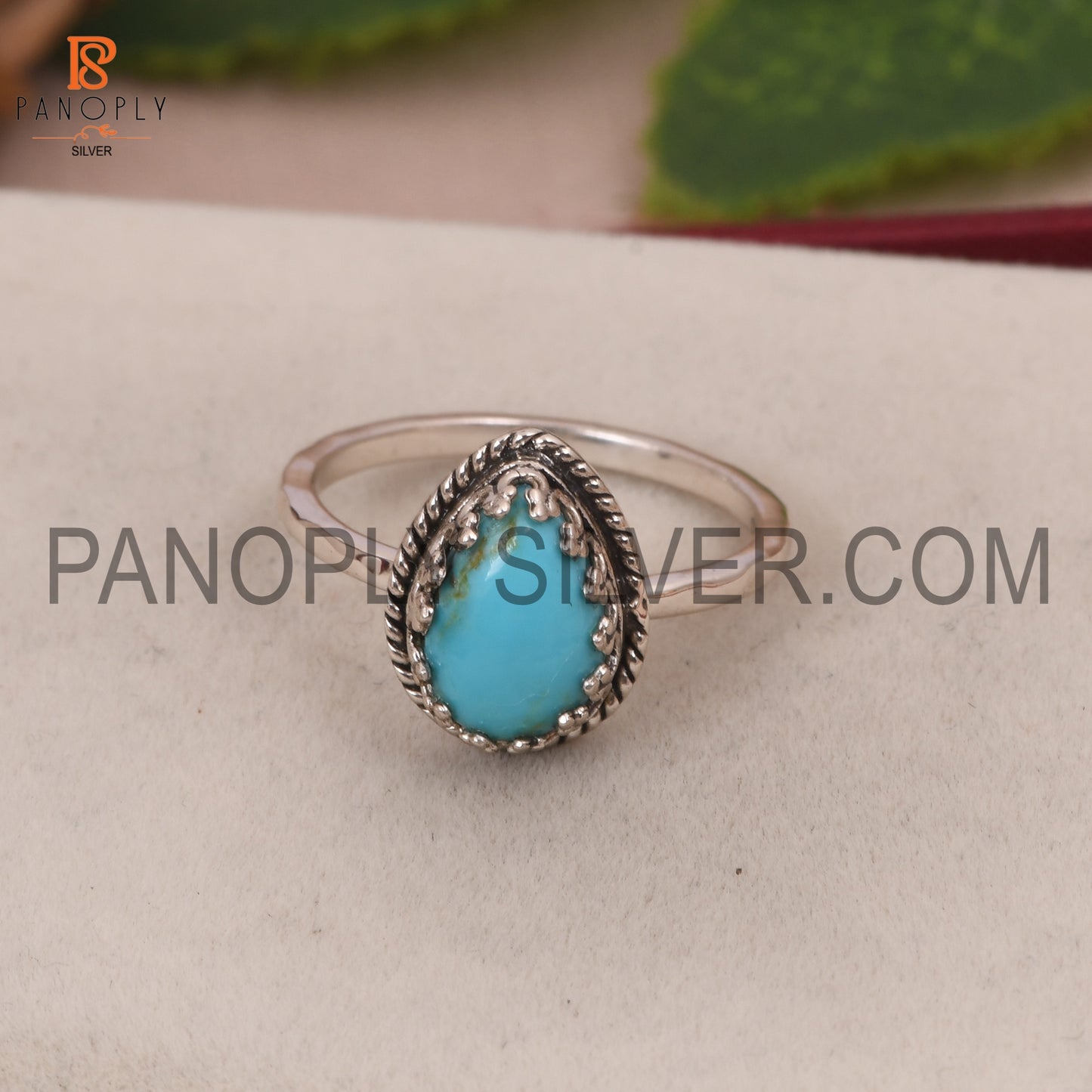 Pear Cut Natural Turquoise Gem Prong Set Rings