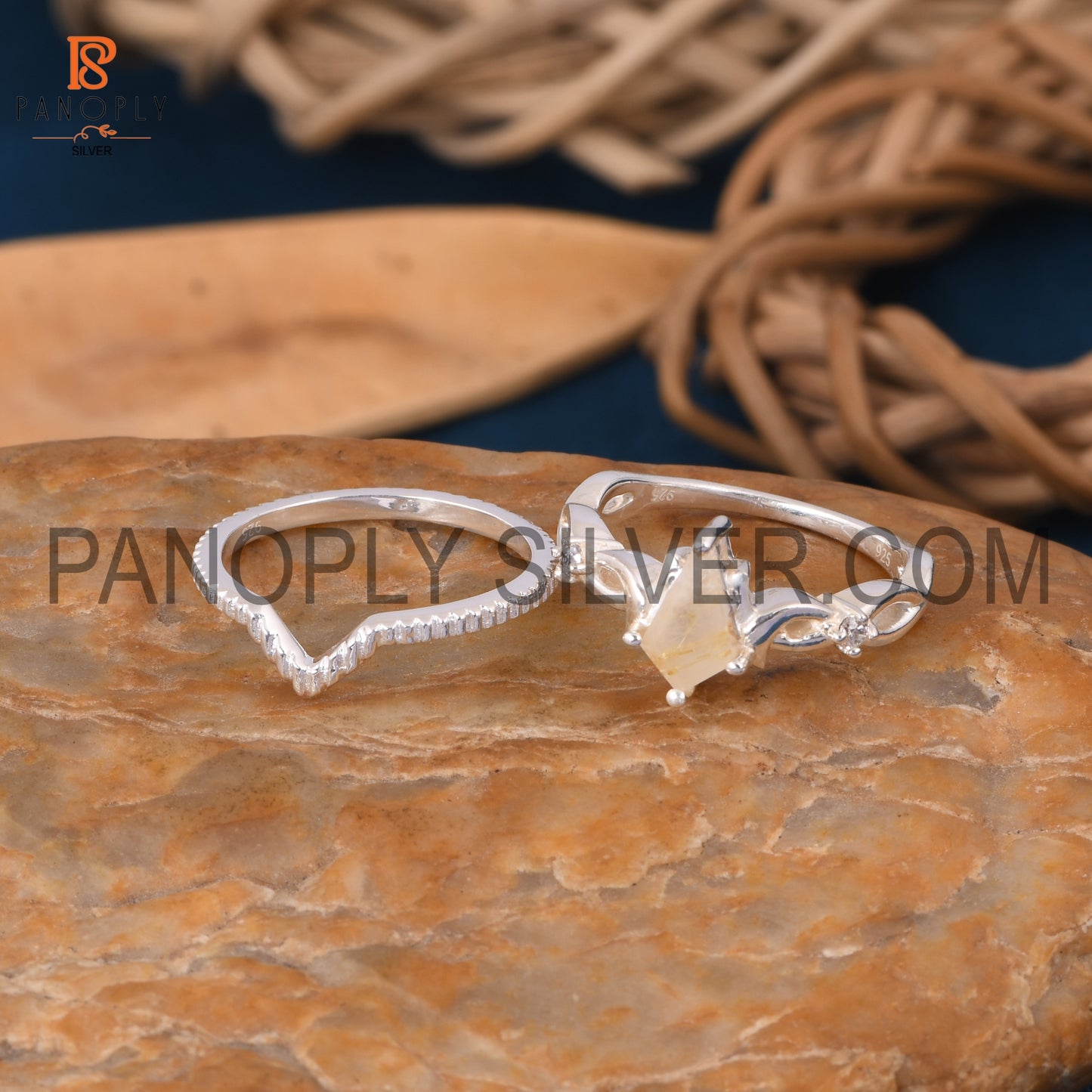 925 Silver Golden Rutile Gem Mothers Day Rings