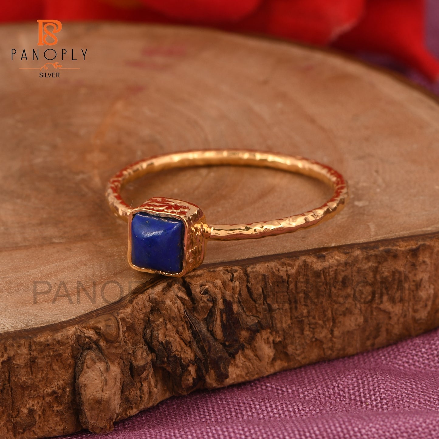 925 Silver 18k Gold Plated Square Shape Lapis Gem Rings