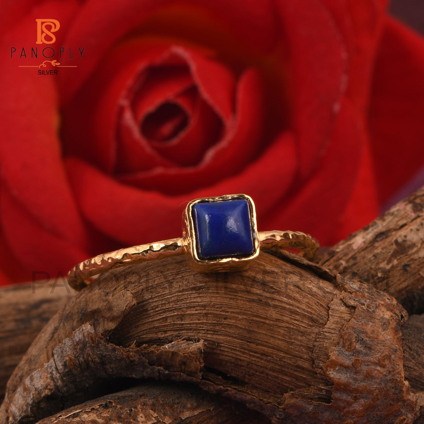 925 Silver 18k Gold Plated Square Shape Lapis Gem Rings