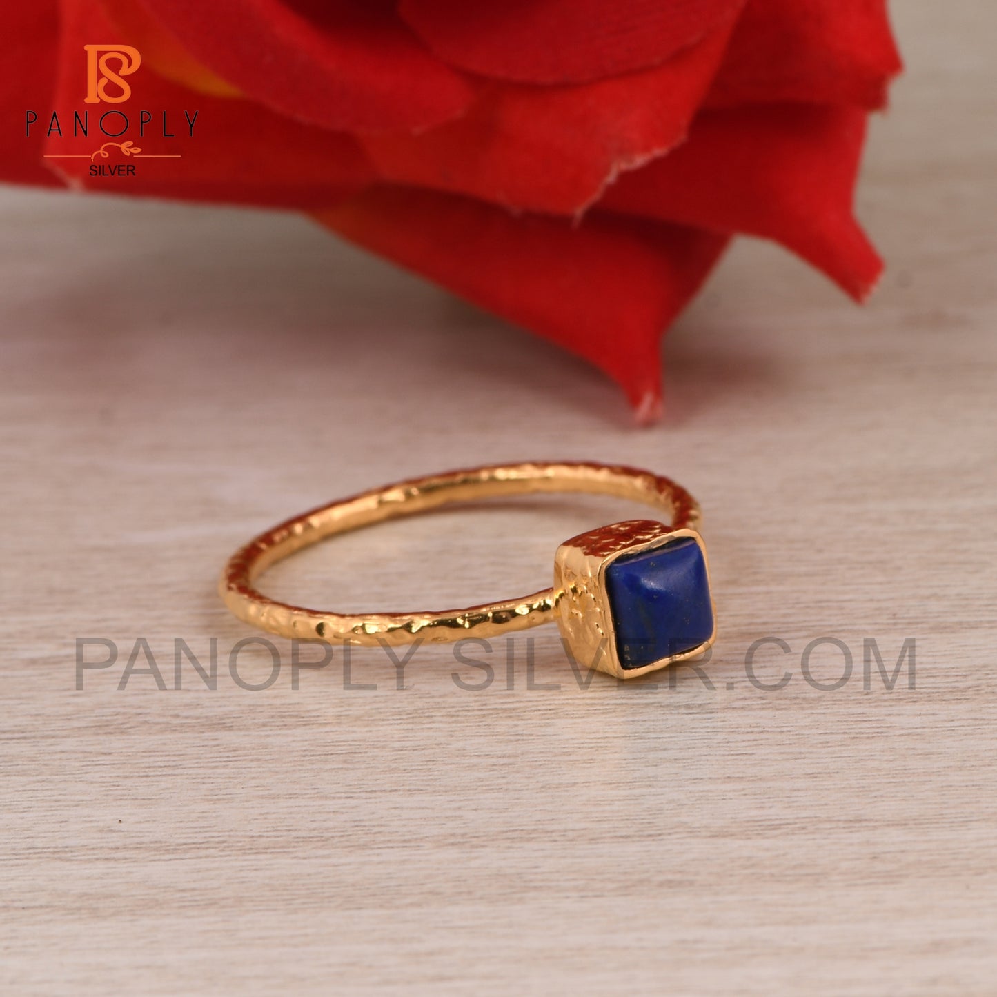 925 Silver 18k Gold Plated Square Shape Lapis Gem Rings