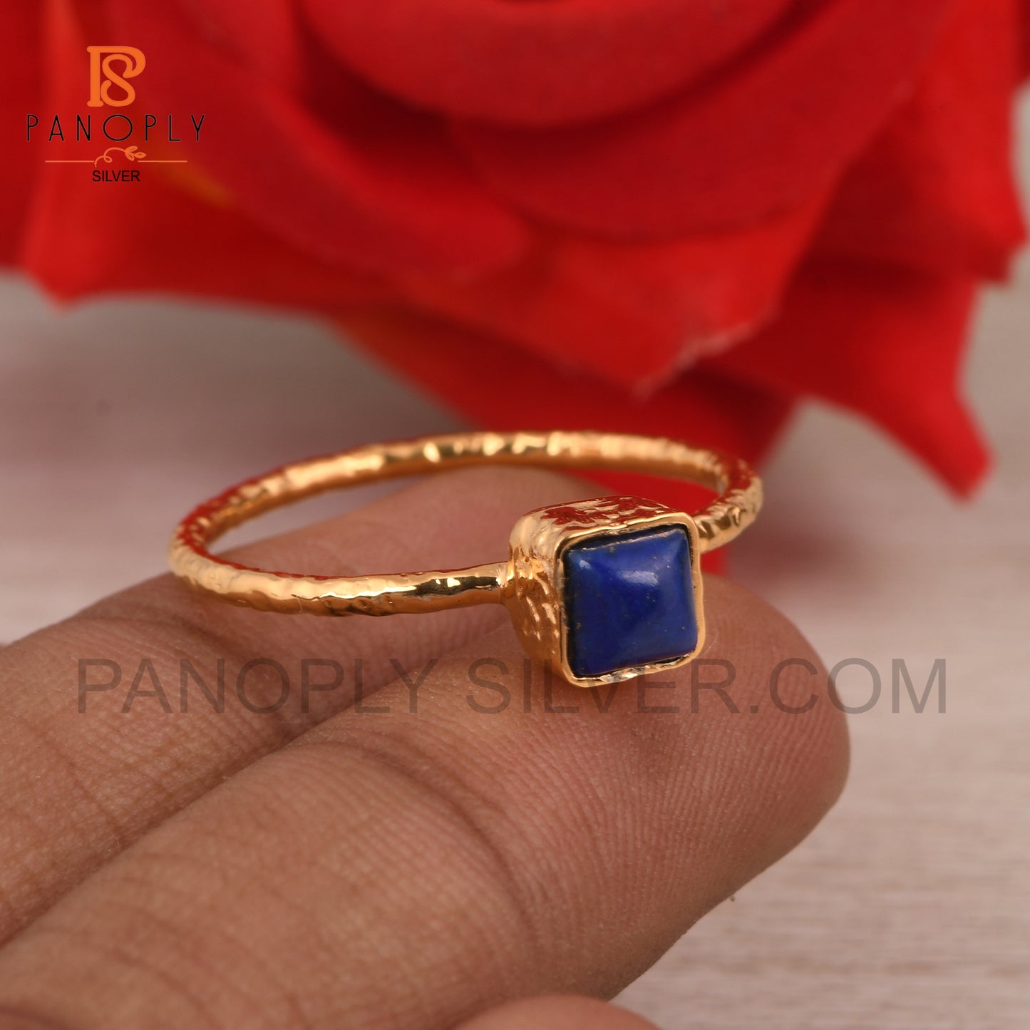 925 Silver 18k Gold Plated Square Shape Lapis Gem Rings