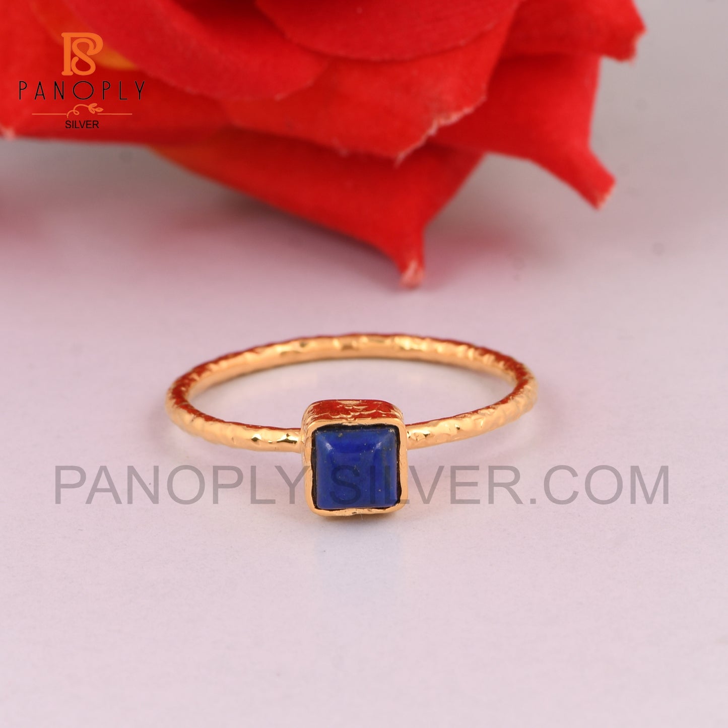 925 Silver 18k Gold Plated Square Shape Lapis Gem Rings