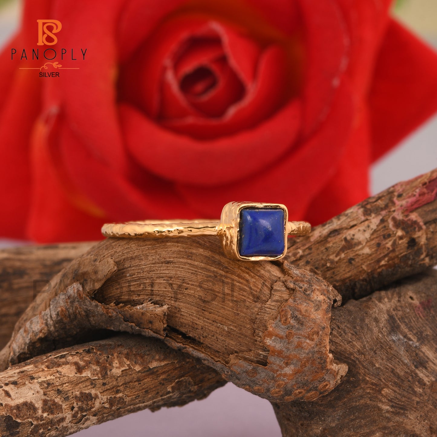 925 Silver 18k Gold Plated Square Shape Lapis Gem Rings