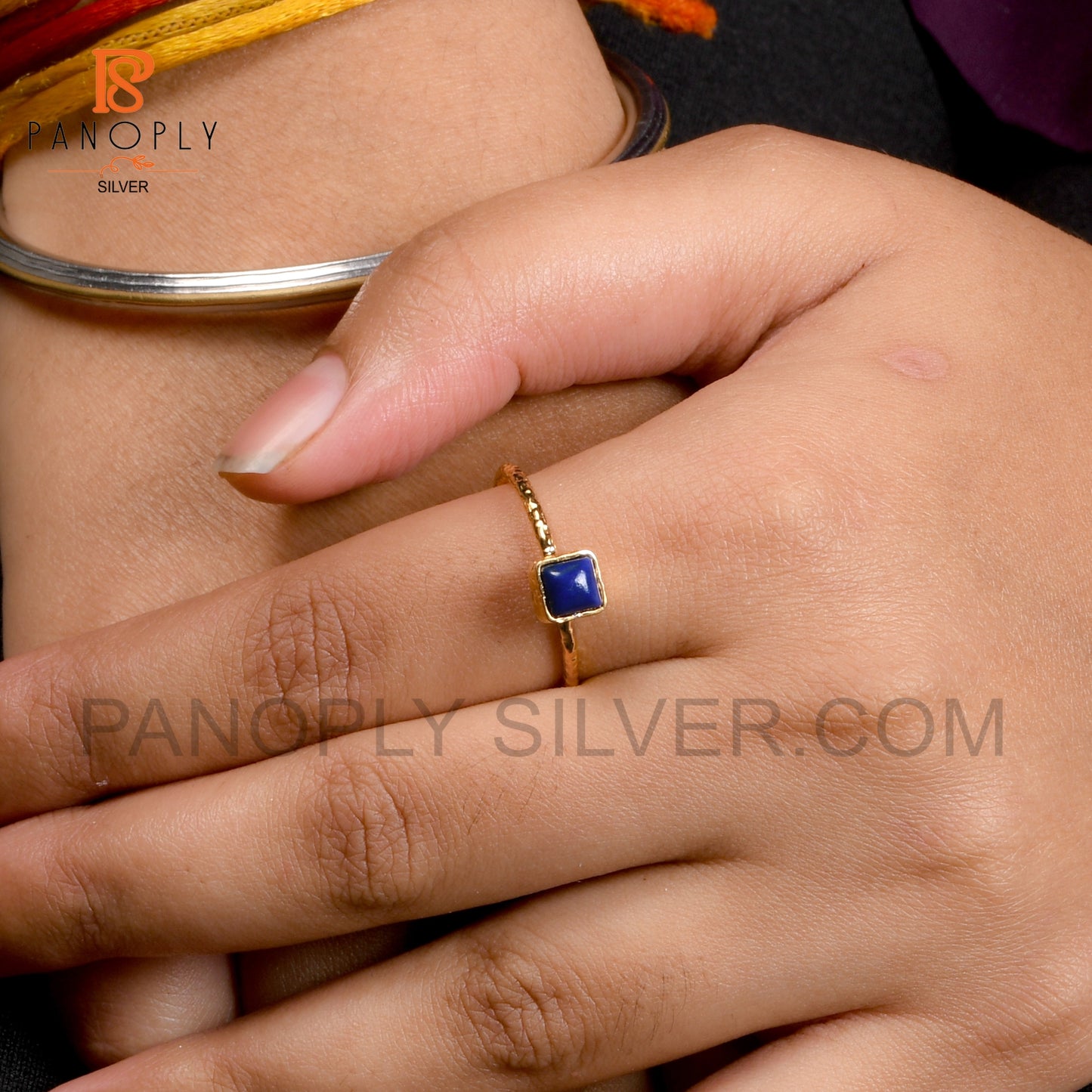 925 Silver 18k Gold Plated Square Shape Lapis Gem Rings