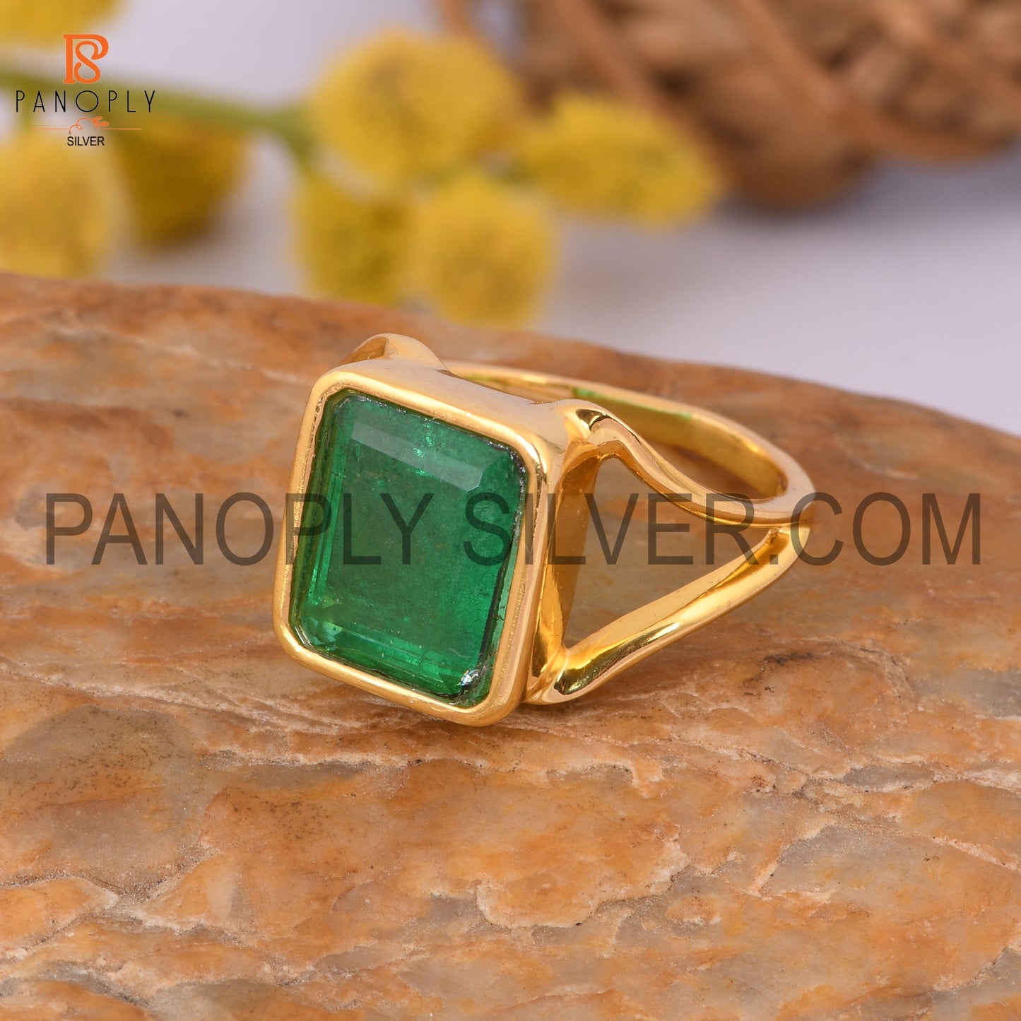 Zambian Emerald Quartz Split Band Gold Plated Engagement Ring