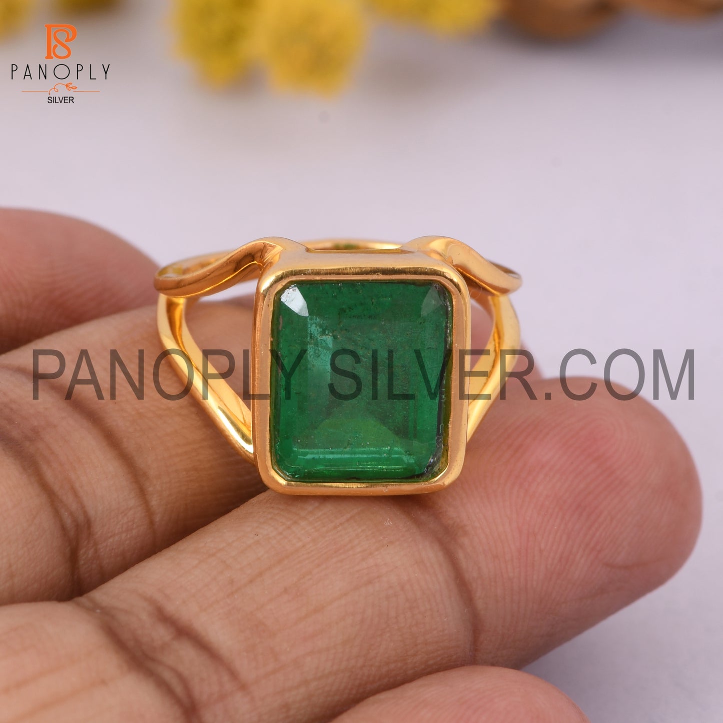 Zambian Emerald Quartz Split Band Gold Plated Engagement Ring