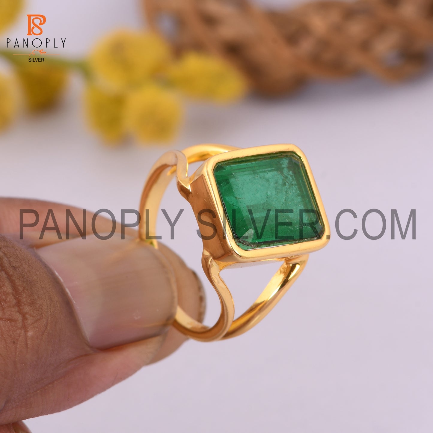 Zambian Emerald Quartz Split Band Gold Plated Engagement Ring