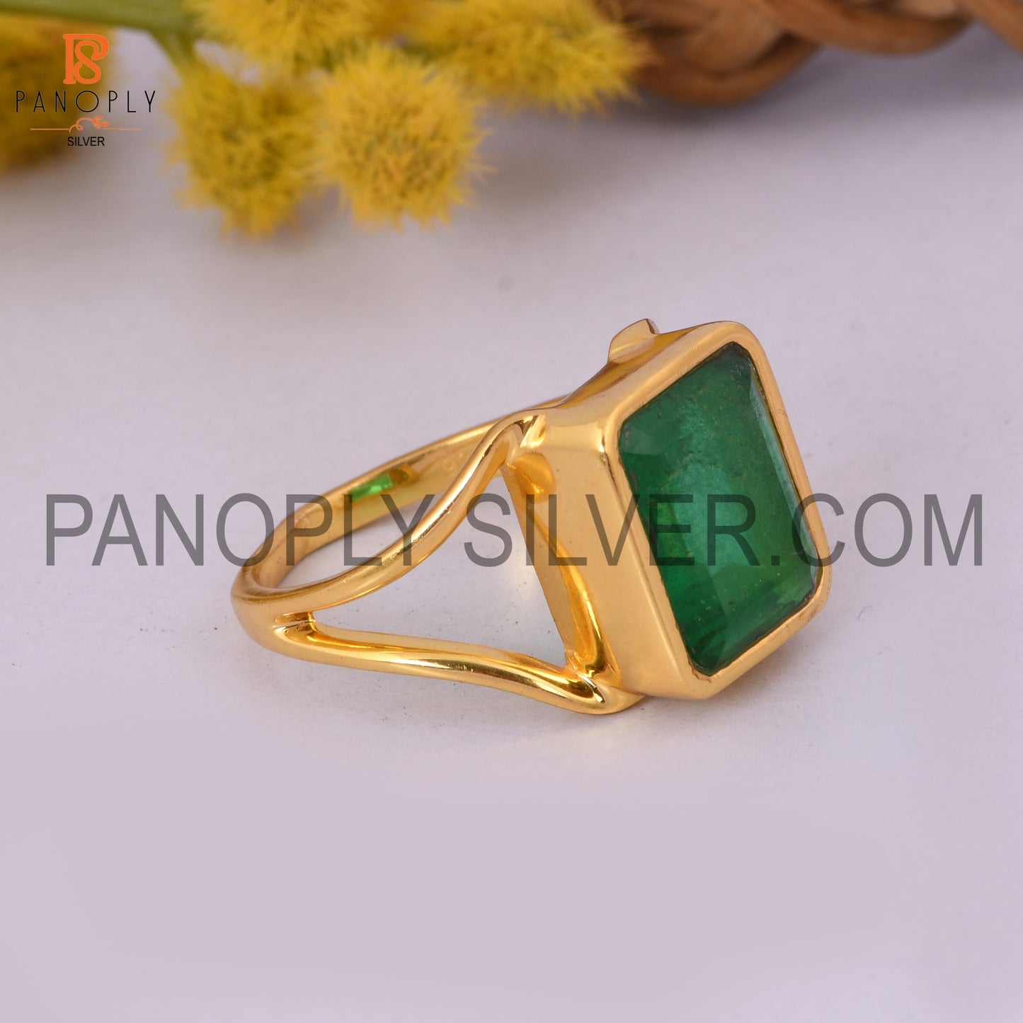 Zambian Emerald Quartz Split Band Gold Plated Engagement Ring