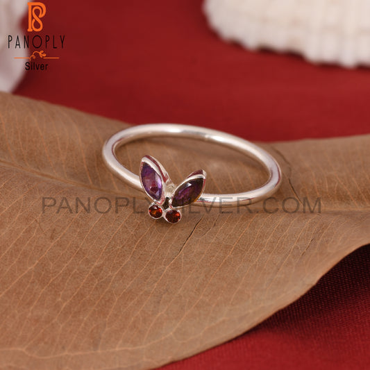 Natural Amethyst & Garnet Butterfly 925 Sterling Silver Rings