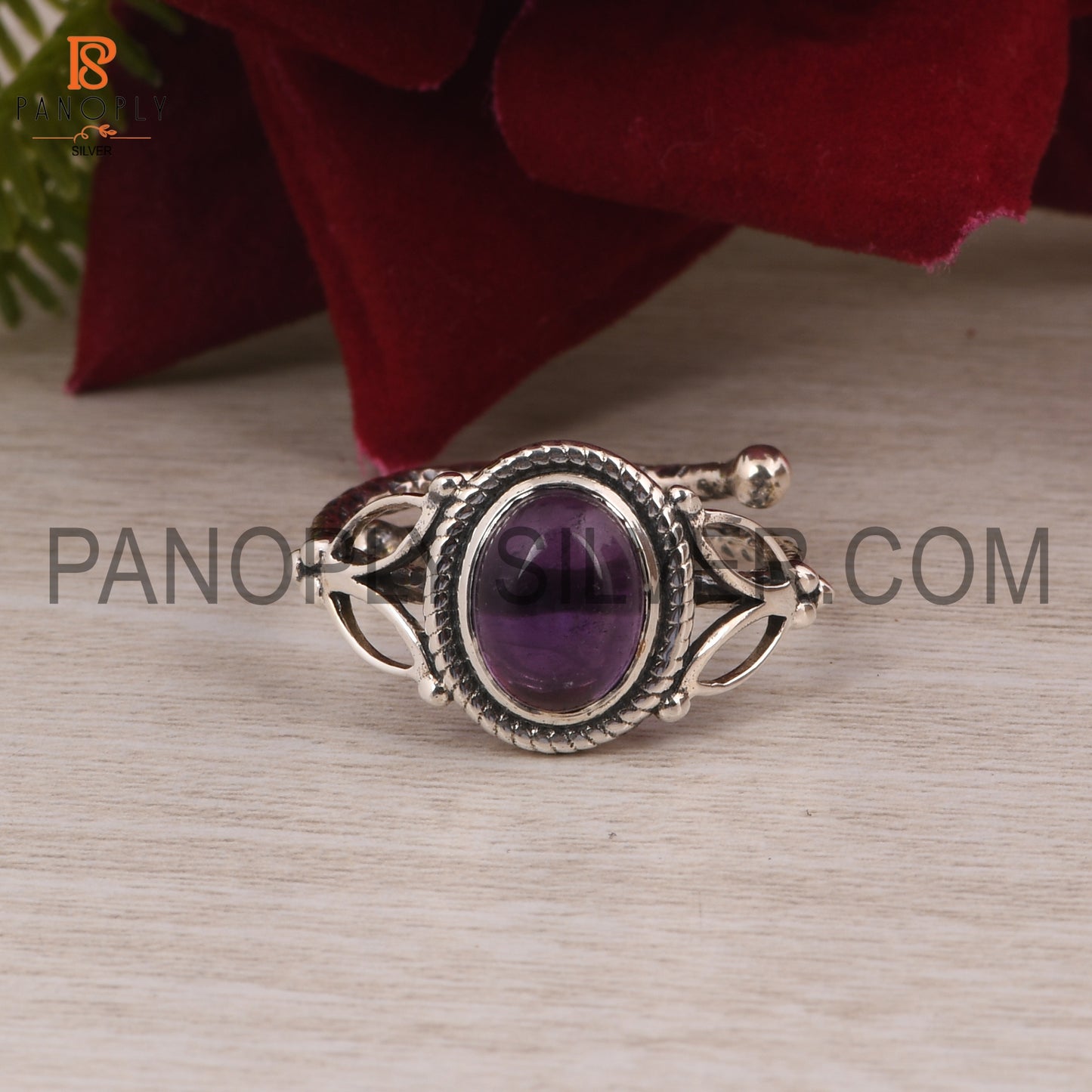 Amethyst Gemstone Adjustable Leaf Band Ring Birthstone Ring