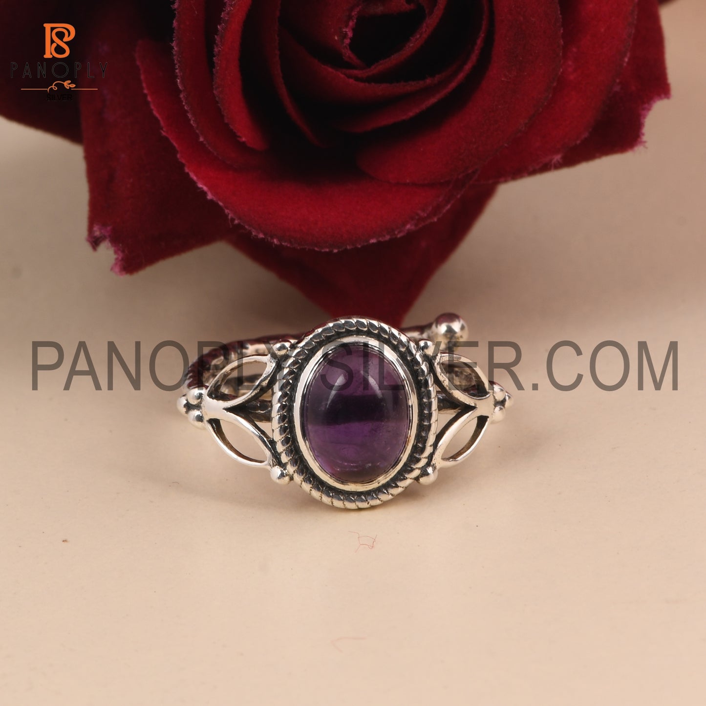 Amethyst Gemstone Adjustable Leaf Band Ring Birthstone Ring