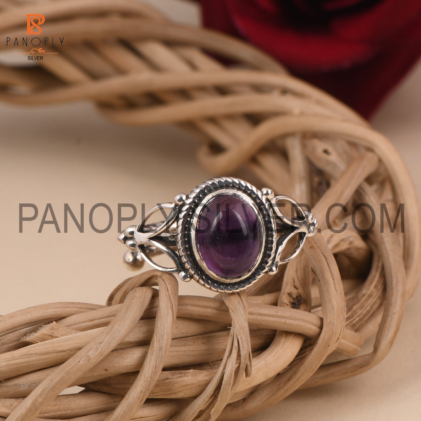 Amethyst Gemstone Adjustable Leaf Band Ring Birthstone Ring