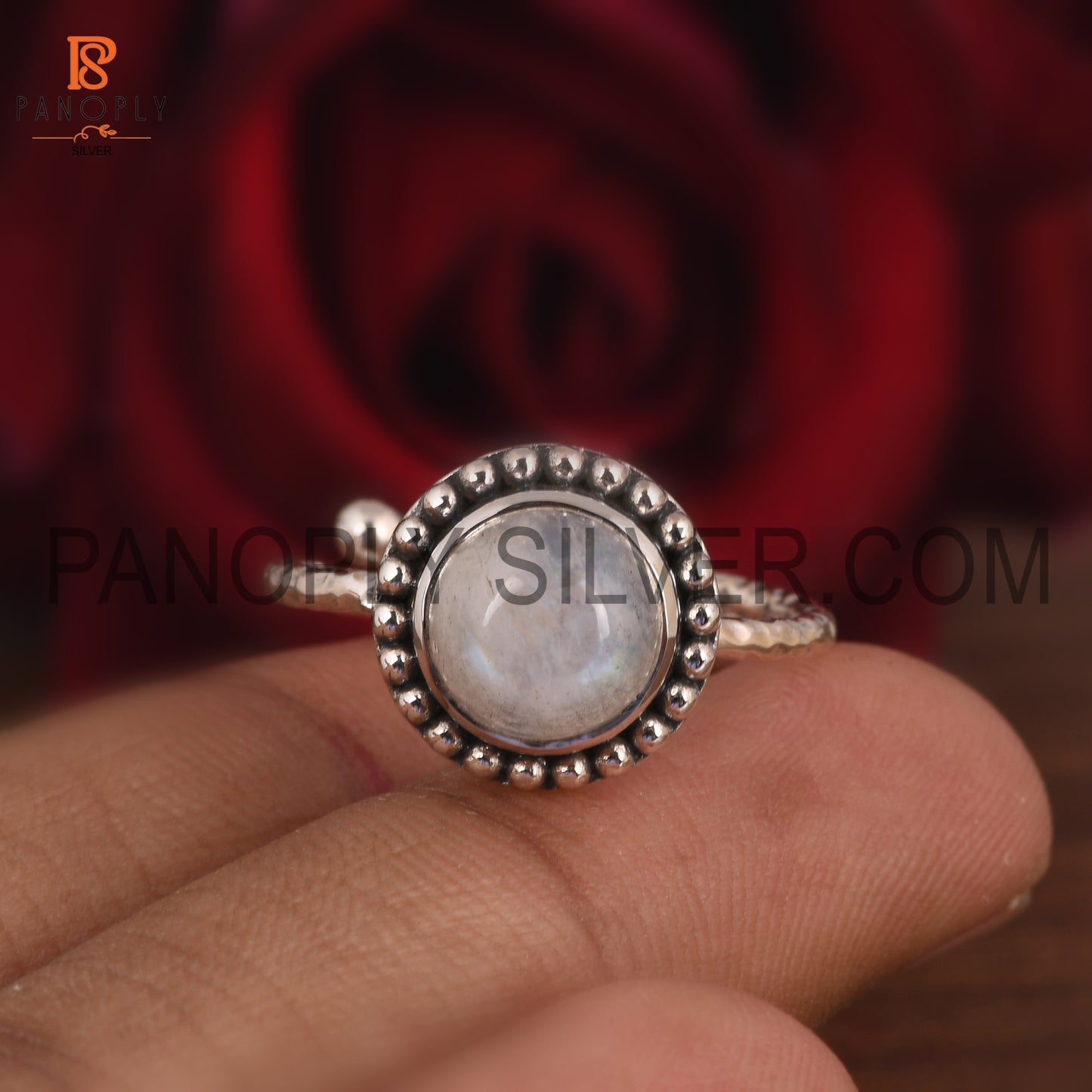 925 Silver Round Rainbow Moonstone Adjustable Ring