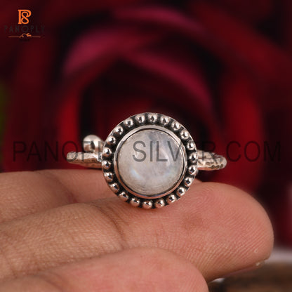 925 Silver Round Rainbow Moonstone Adjustable Ring