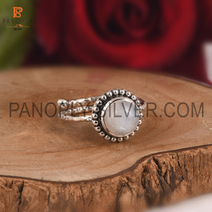 925 Silver Round Rainbow Moonstone Adjustable Ring