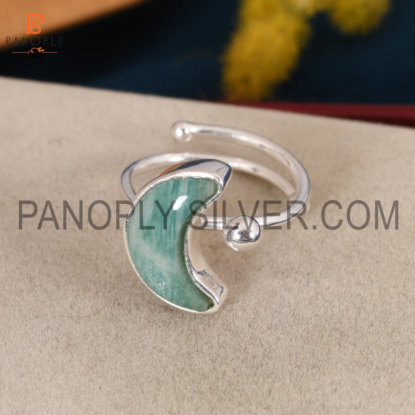 925 Silver Amazonite Moon Shape Adjustable Rings