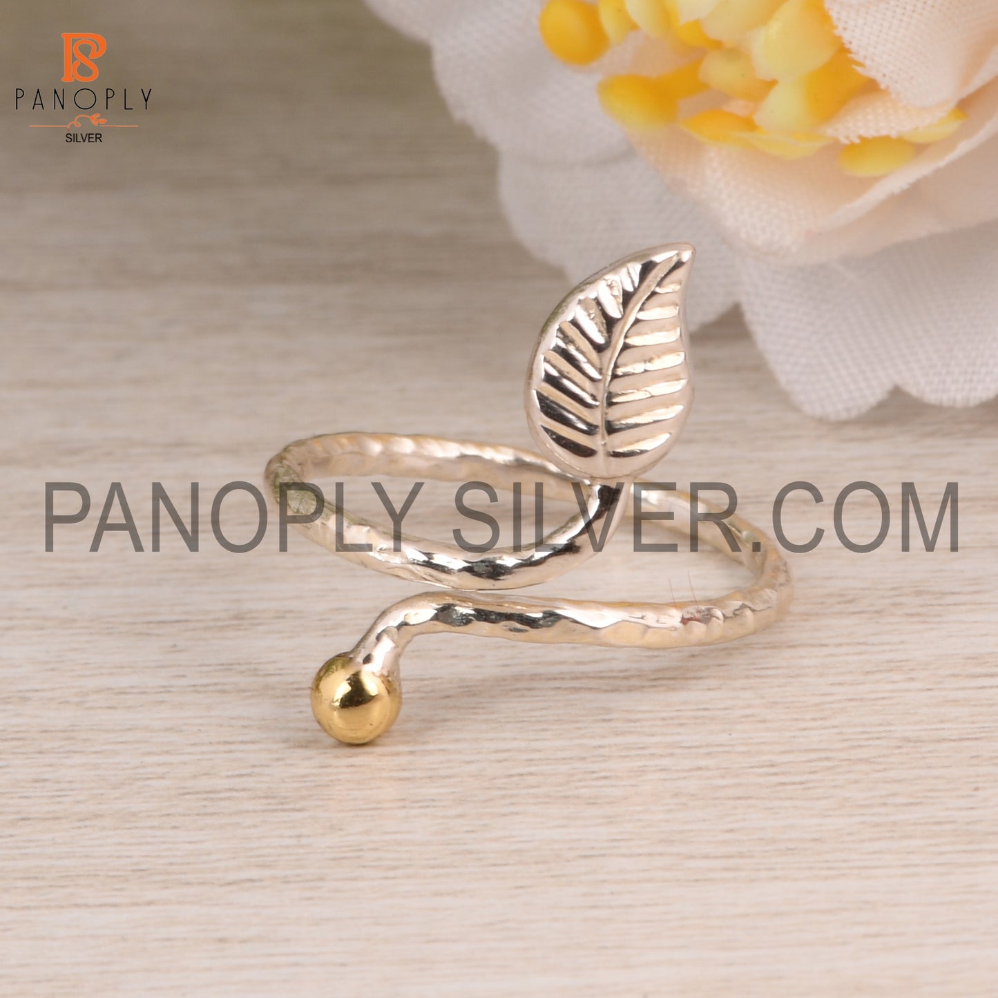 Two Tone 925 Sterling Silver Leaf Finger Ring For Women