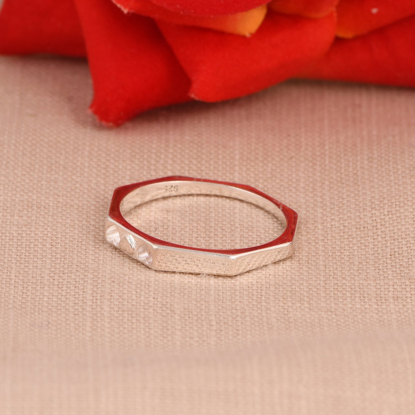 Sterling Silver Heart Design Stackable Ring, Octagonal Band