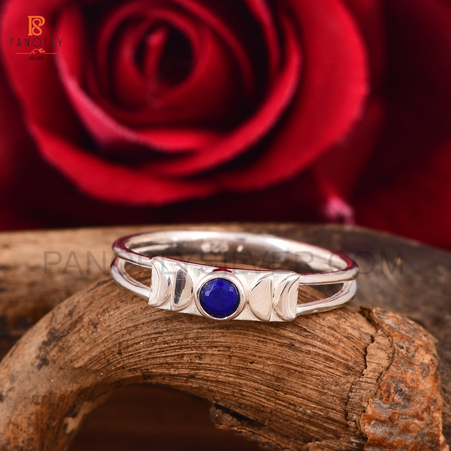 925 Sterling Silver Moon Phase Ring with Blue Lapis Lazuli