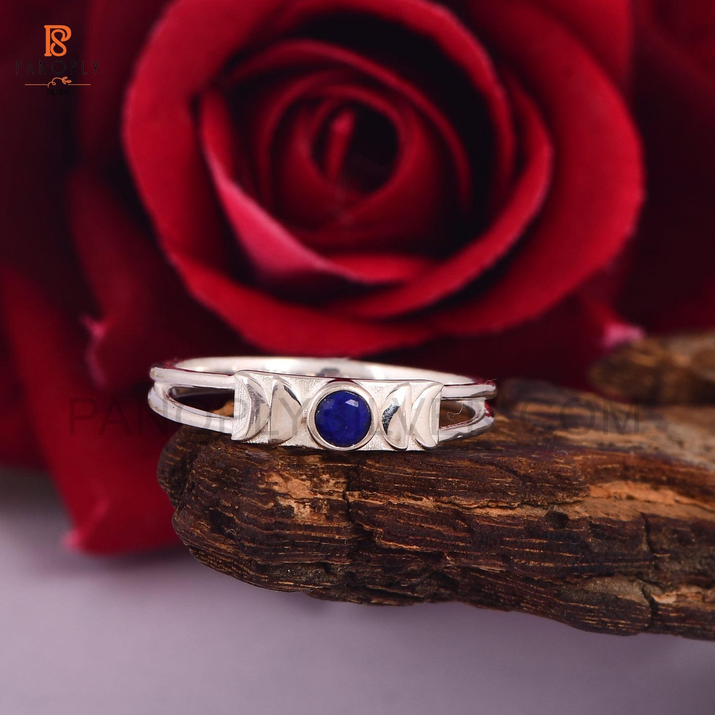 925 Sterling Silver Moon Phase Ring with Blue Lapis Lazuli