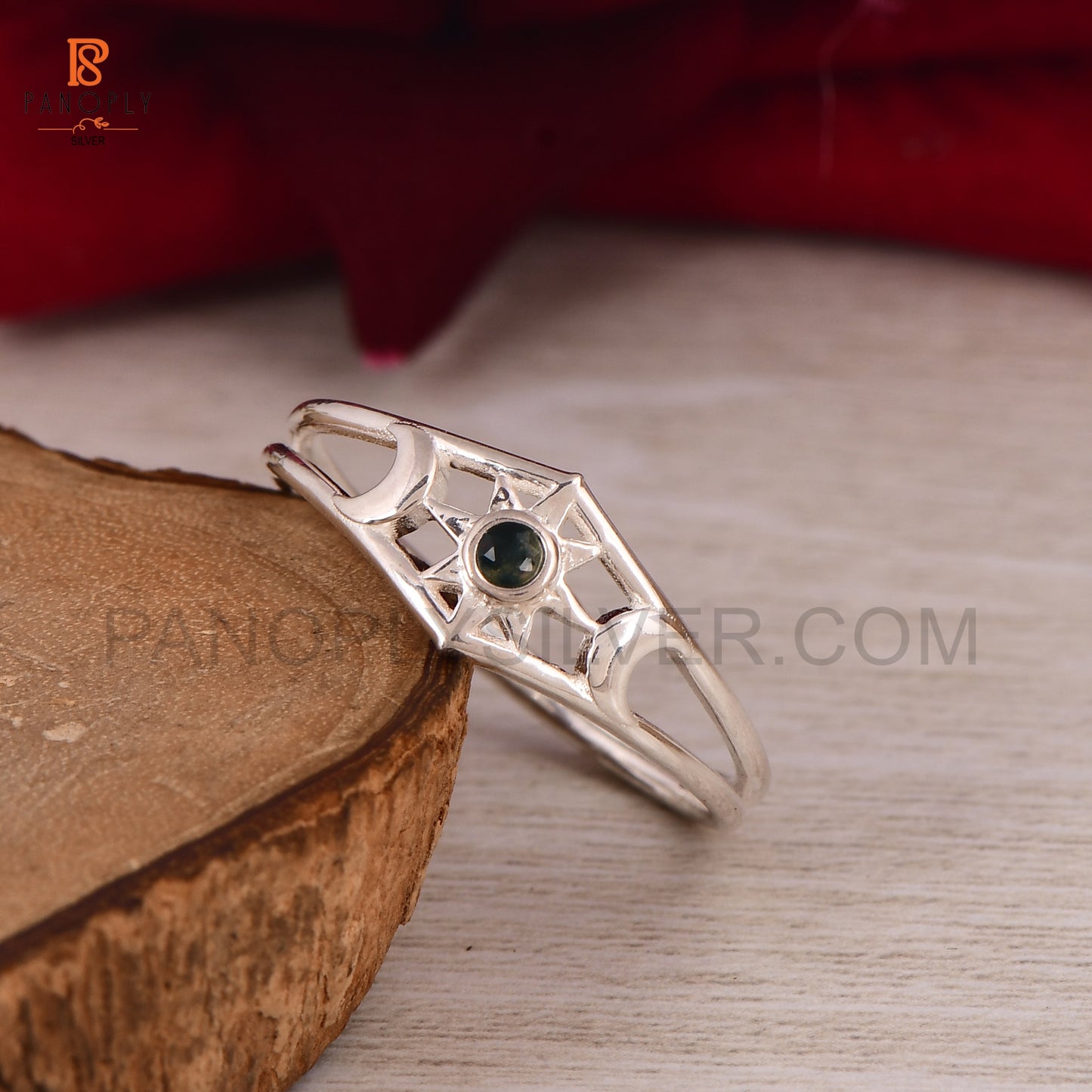 Moon & Star Moss Agate Cut Round Design Rings