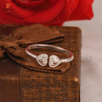 925 Silver Double Heart Ring, Adjustable Band