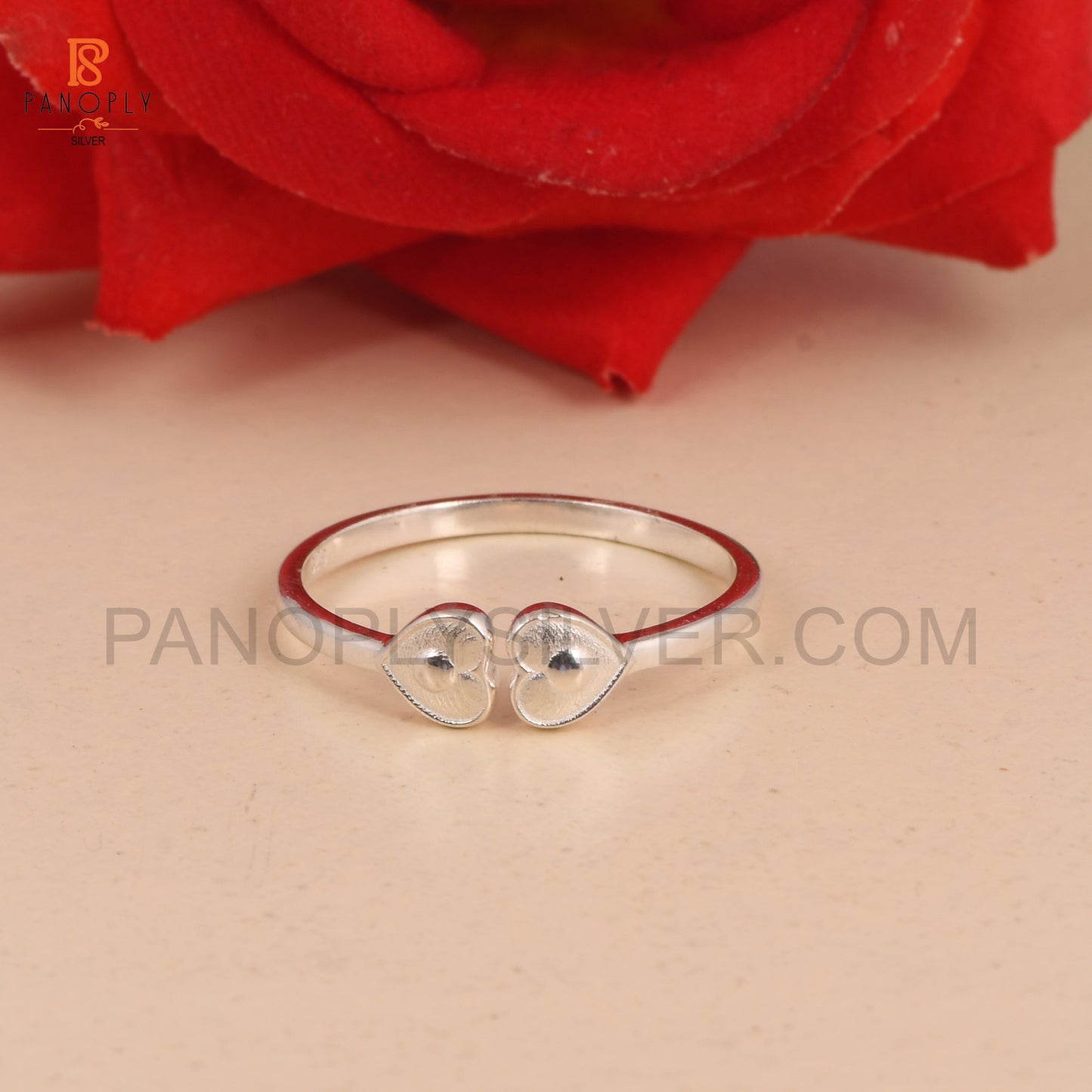 925 Silver Double Heart Ring, Adjustable Band