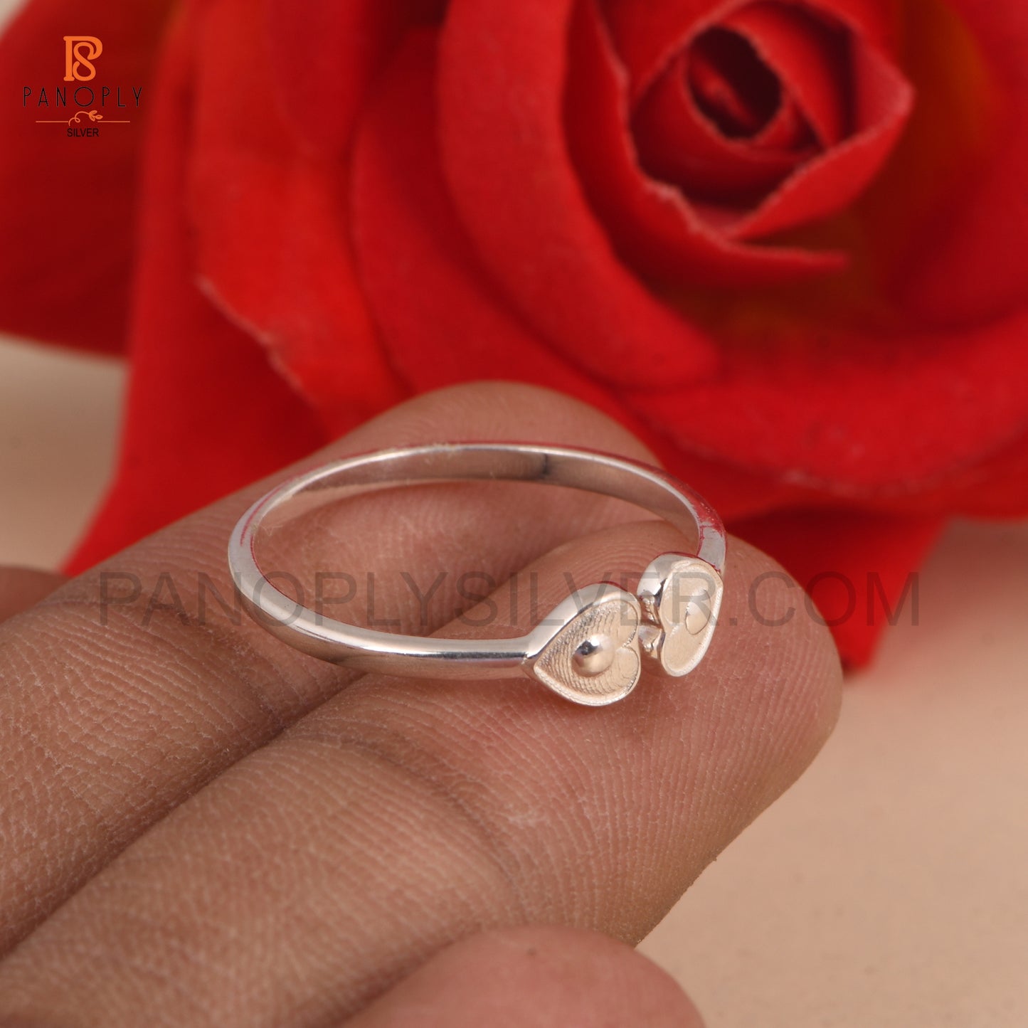 925 Silver Double Heart Ring, Adjustable Band