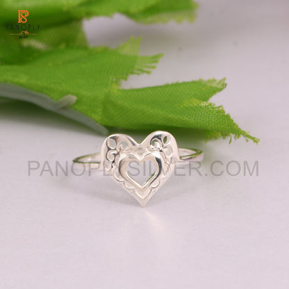 Sterling Silver Heart Ring with Filigree Design, Dainty Promise Ring